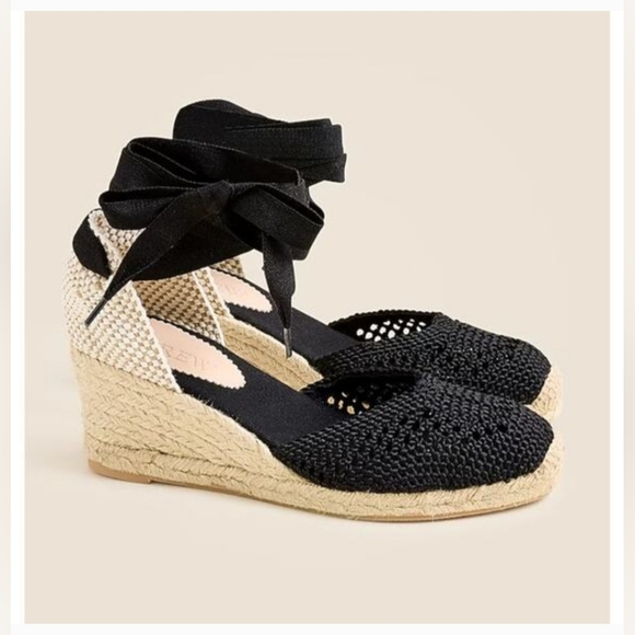 J. Crew Shoes - NWT J.Crew Black Crochet Lace-Up Espadrille Wedge Shoes Sz6.5 Euro Summer Casual